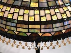 Vtg Stained Slag Glass Lamp Shade Arts & Crafts, Mission Large 20 Beaded Fringe