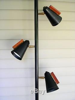 Vtg Stiffel Raymond Loewy Mid Century Black Tension Pole Lamp Cone Shades