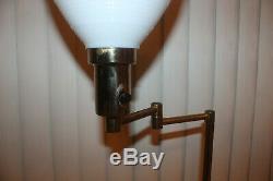 Vtg TORCHIERE FLOOR LAMP BRASS FINISH Swing Arm ART DECO Teak MILK GLASS SHADE