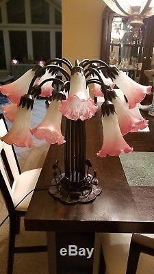 Vtg Tiffany Lily Lilly Pad Pond Lamp 15 Light Stained Art Glass Tulip Shades A+