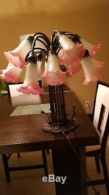 Vtg Tiffany Lily Lilly Pad Pond Lamp 15 Light Stained Art Glass Tulip Shades A+