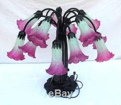 Vtg Tiffany Style Large Table Lamp 15 Light Lily Stained Blown Art Glass Shades