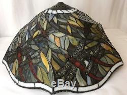 Vtg Tiffany Style Stained Glass Lamp Shade Dragonfly Lead Slag Red Orange TWIST