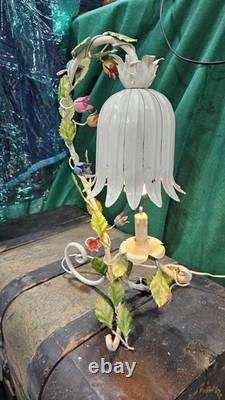 Vtg Tole Flower Table Lamp Metal Tulip Shade Hand Painted Enamel 1950s Italy