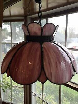 Vtg Tulip Stained Slag Glass Lamp Shade, Swag Hanging Pendant, Purple NJ pick Up