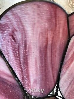 Vtg Tulip Stained Slag Glass Lamp Shade, Swag Hanging Pendant, Purple NJ pick Up