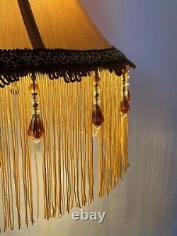 Vtg Victorian Art Deco Boho Style Lamp Shade Gold Brown Beaded Tassel Fringe 16