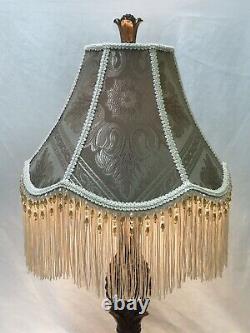 Vtg Victorian Art Deco Lamp Shade Beige Green Ivory Beaded Long Fringe 15x11x6