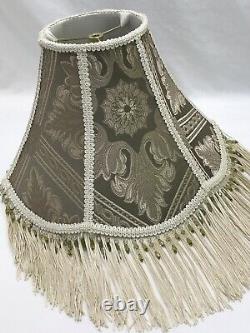 Vtg Victorian Art Deco Lamp Shade Beige Green Ivory Beaded Long Fringe 15x11x6