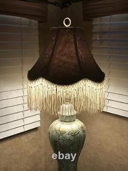 Vtg Victorian Art Deco Lamp Shade Beige Green Ivory Beaded Long Fringe 15x11x6