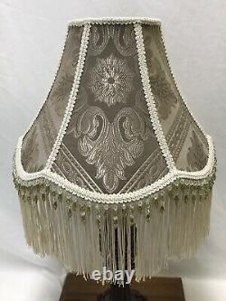 Vtg Victorian Art Deco Lamp Shade Beige Green Ivory Beaded Long Fringe 15x11x6