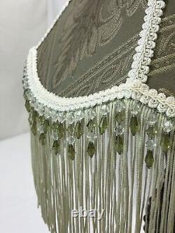 Vtg Victorian Art Deco Lamp Shade Beige Green Ivory Beaded Long Fringe 15x11x6