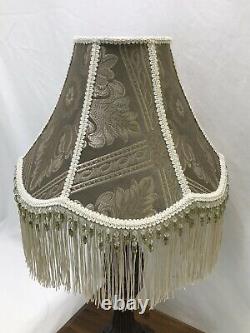 Vtg Victorian Art Deco Lamp Shade Beige Green Ivory Beaded Long Fringe 15x11x6