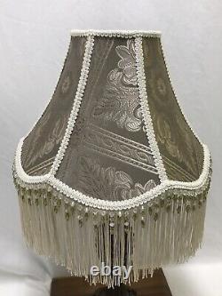 Vtg Victorian Art Deco Lamp Shade Beige Green Ivory Beaded Long Fringe 15x11x6