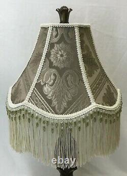 Vtg Victorian Art Deco Lamp Shade Beige Green Ivory Beaded Long Fringe 15x11x6