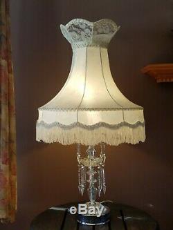 Vtg Victorian Crystal Chandelier Parlor Table Lamp & Huge Bell Floral Lamp Shade