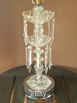 Vtg Victorian Crystal Chandelier Parlor Table Lamp & Huge Bell Floral Lamp Shade