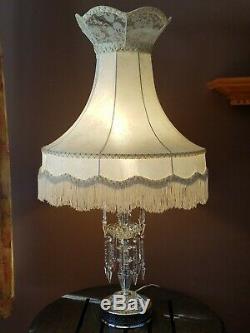 Vtg Victorian Crystal Chandelier Parlor Table Lamp & Huge Bell Floral Lamp Shade