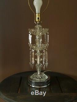 Vtg Victorian Crystal Chandelier Parlor Table Lamp & Huge Bell Floral Lamp Shade