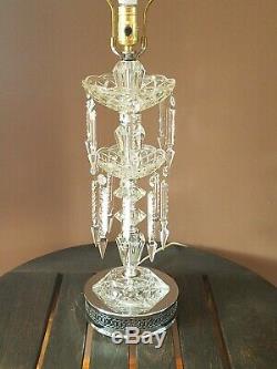 Vtg Victorian Crystal Chandelier Parlor Table Lamp & Huge Bell Floral Lamp Shade