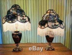 Vtg Victorian Hand painted Lamps w matching Damask Tassel Shades GUC READ ALL