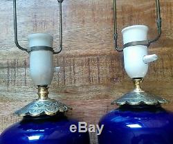 Vtg Victorian Hand painted Lamps w matching Damask Tassel Shades GUC READ ALL
