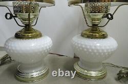 WORKING Vintage PAIR OF Hurricane Hobnail Milk Glass Table Lamp 15 1/2 tall
