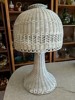 Works! Vintage White Wicker Rattan Lamp with Matching Shade