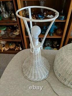 Works! Vintage White Wicker Rattan Lamp with Matching Shade