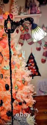 Wrought Iron Barley Twist Antique Bridge Arm Lamp W Tulip Glass Shade Ornate VTG